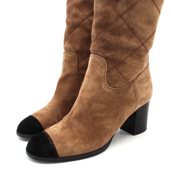 CHANEL Brown Quilted Suede Knee High Black Cap Toe Boots Stacked Heel size 38 CC - Picture 4 of 8